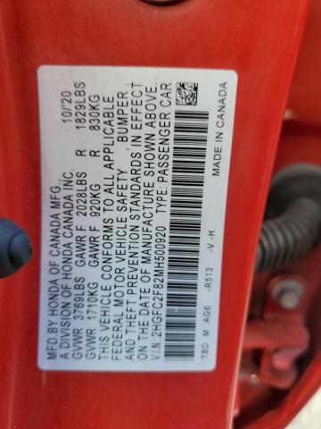 2HGFC2F82MH500920 - 2021 HONDA CIVIC SPORT 红色 照片 12