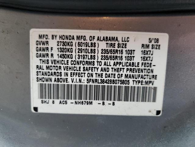 5FNRL38428B075805 - 2008 HONDA ODYSSEY EX SILVER photo 12