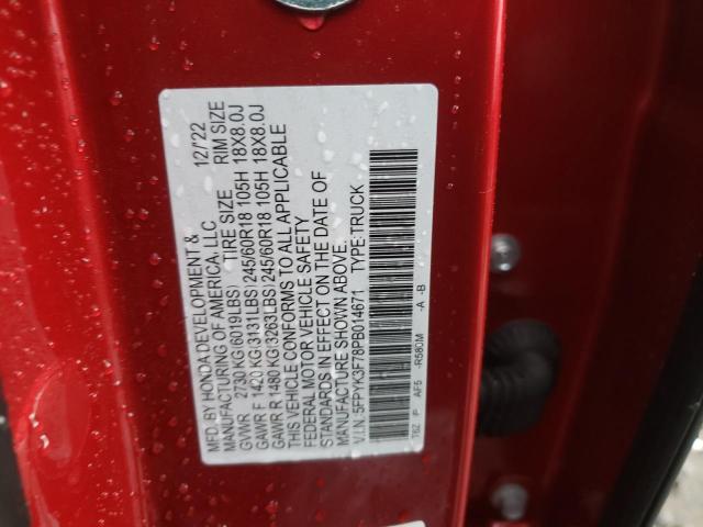 5FPYK3F78PB014671 - 2023 HONDA RIDGELINE RTL-E RED photo 12