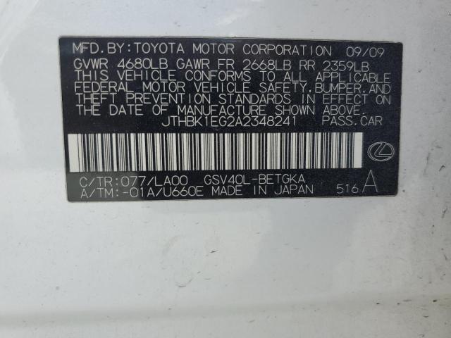 JTHBK1EG2A2348241 - 2010 LEXUS ES 350 WHITE photo 12