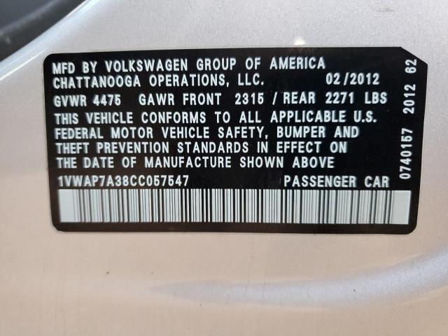 1VWAP7A38CC057547 - 2012 VOLKSWAGEN PASSAT S SILVER photo 13