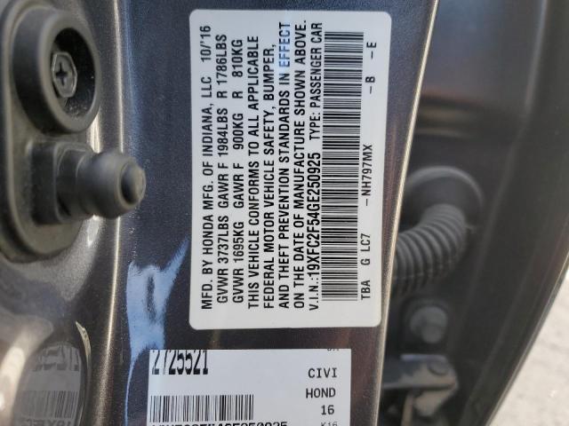 19XFC2F54GE250925 - 2016 HONDA CIVIC LX GRAY photo 12