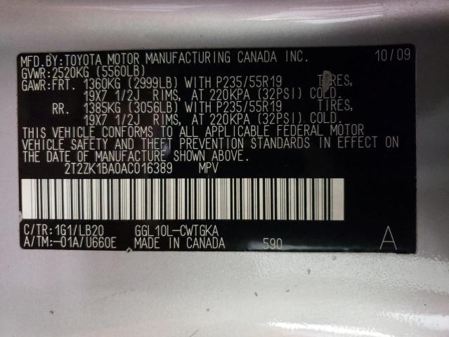 2T2ZK1BA0AC016389 - 2010 LEXUS RX 350 GRAY photo 13