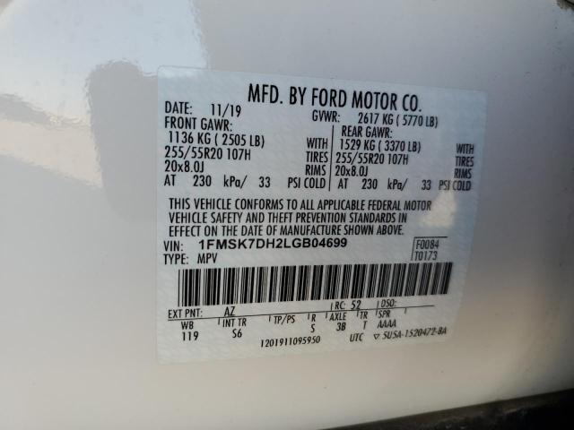 1FMSK7DH2LGB04699 - 2020 FORD EXPLORER XLT WHITE photo 13