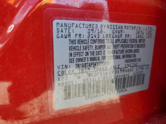 3N1AB7AP5KY235816 - 2019 NISSAN SENTRA S RED photo 13