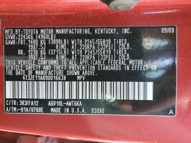 4T3ZE11A89U016638 - 2009 TOYOTA VENZA RED photo 12