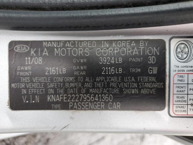 KNAFE222795641360 - 2009 KIA SPECTRA EX SILVER photo 12