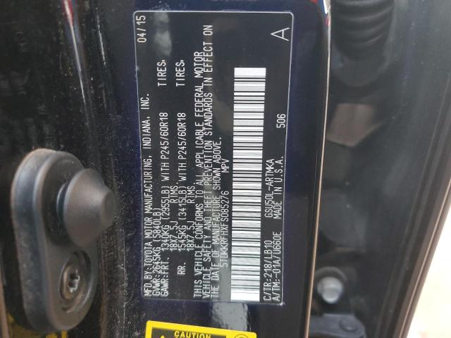 5TDKKRFHXFS085276 - 2015 TOYOTA HIGHLANDER XLE შავი ფოტო 12