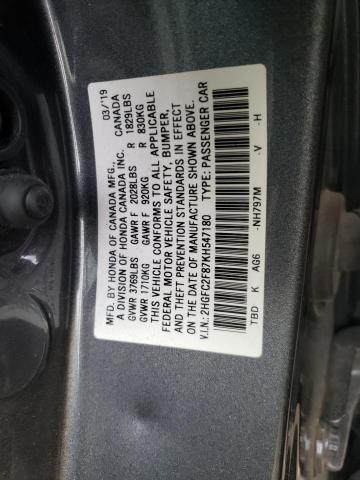 2HGFC2F87KH547180 - 2019 HONDA CIVIC SPORT ნაცრისფერი ფოტო 12