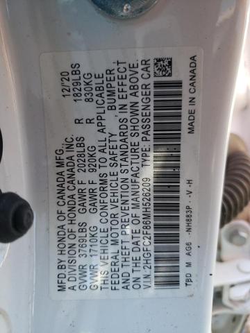 2HGFC2F86MH526209 - 2021 HONDA CIVIC SPORT თეთრი ფოტო 12