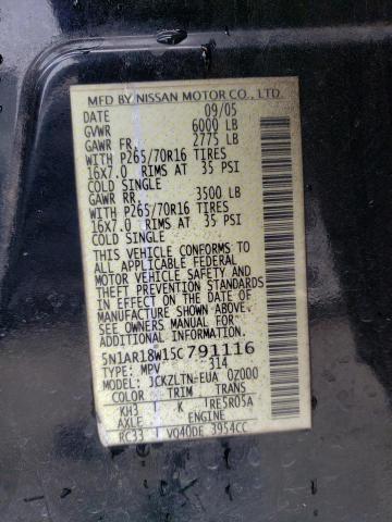 5N1AR18W15C791116 - 2005 NISSAN PATHFINDER LE BLACK photo 13