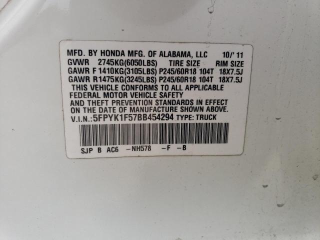 5FPYK1F57BB454294 - 2011 HONDA RIDGELINE RTL WHITE photo 12