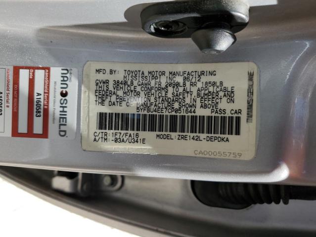 5YFBU4EE7CP051644 - 2012 TOYOTA COROLLA BASE SILVER photo 12