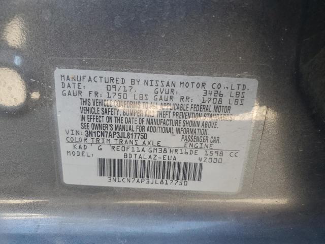 3N1CN7AP3JL817750 - 2018 NISSAN VERSA S SILVER photo 12