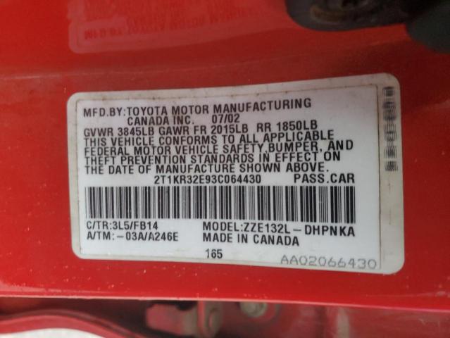 2T1KR32E93C064430 - 2003 TOYOTA COROLLA MA XR RED photo 13