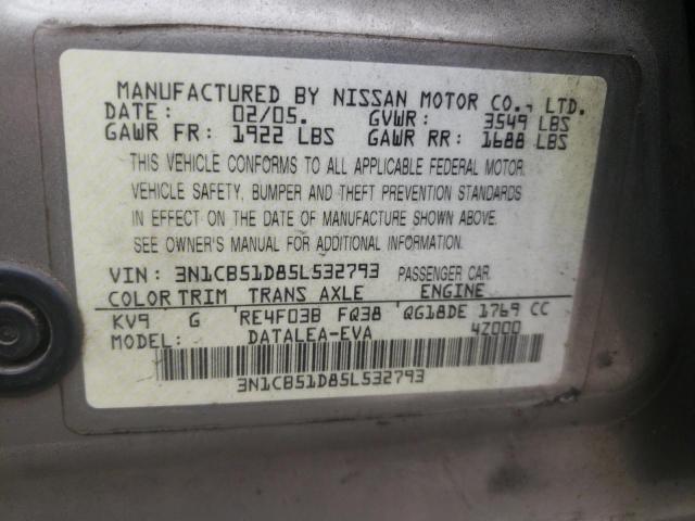 3N1CB51D85L532793 - 2005 NISSAN SENTRA 1.8 BEIGE photo 13