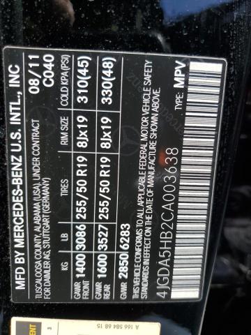 4JGDA5HB2CA003638 - 2012 MERCEDES-BENZ ML 350 4MATIC BLACK photo 12