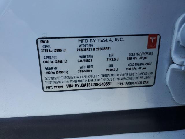5YJSA1E42KF340651 - 2019 TESLA MODEL S Սպիտակ լուսանկար 12