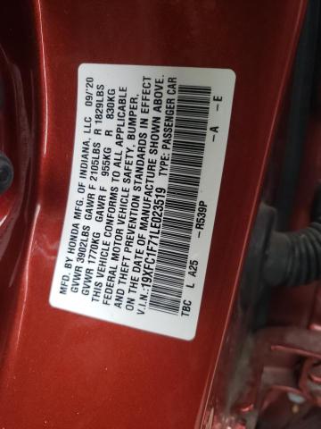 19XFC1F71LE023519 - 2020 HONDA CIVIC EXL RED photo 12