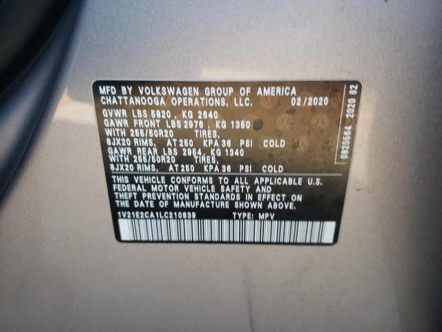 1V21E2CA1LC210839 - 2020 VOLKSWAGEN ATLAS CROS SE SILVER photo 13