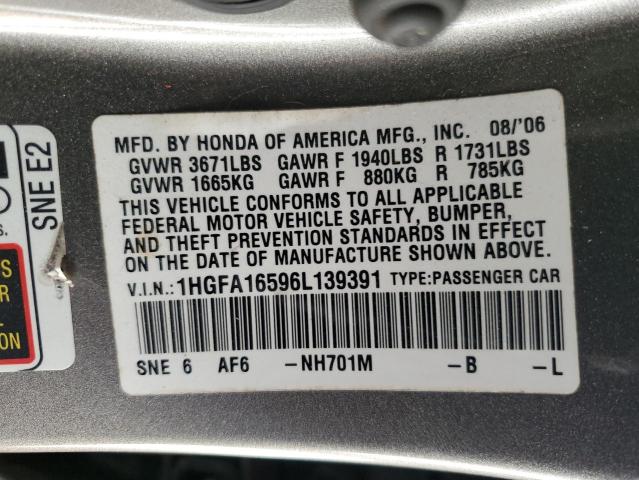 1HGFA16596L139391 - 2006 HONDA CIVIC LX GRAY photo 12