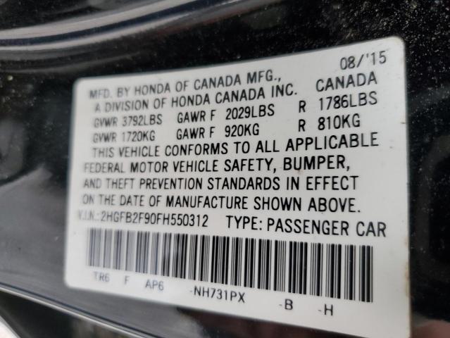 2HGFB2F90FH550312 - 2015 HONDA CIVIC EXL შავი ფოტო 13