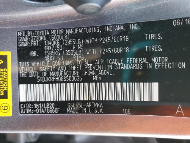 5TDJKRFH0GS500635 - 2016 TOYOTA HIGHLANDER XLE GRAY photo 13