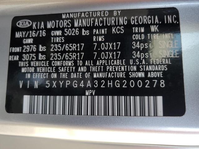 5XYPG4A32HG200278 - 2017 KIA SORENTO LX SILVER photo 14