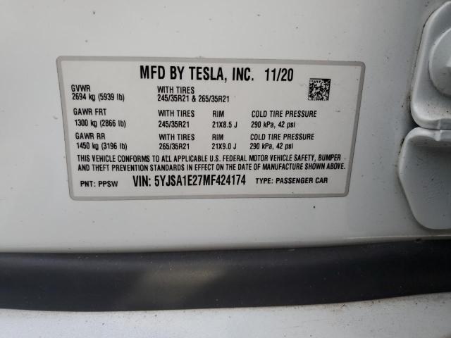 5YJSA1E27MF424174 - 2021 TESLA MODEL S WHITE photo 12