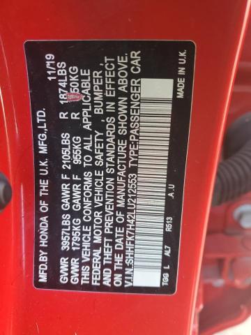 SHHFK7H42LU212553 - 2020 HONDA CIVIC SPORT 红色 照片 12