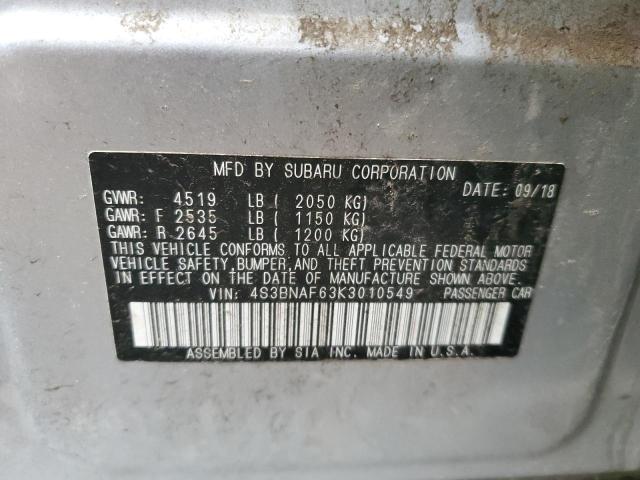 4S3BNAF63K3010549 - 2019 SUBARU LEGACY 2.5I PREMIUM SILVER photo 12