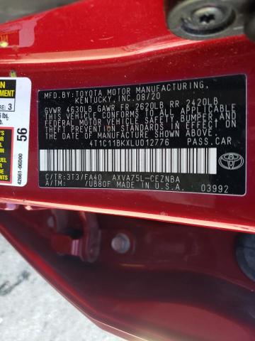 4T1C11BKXLU012776 - 2020 TOYOTA CAMRY LE RED photo 12