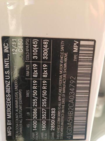 4JGDA5HB2CA034792 - 2012 MERCEDES-BENZ ML 350 4MATIC WHITE photo 13