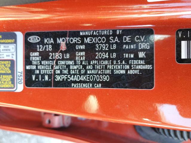 3KPF54AD4KE070390 - 2019 KIA FORTE EX ORANGE photo 12