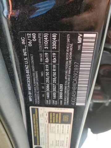 4JGDA5HB9CA092897 - 2012 MERCEDES-BENZ ML 350 4MATIC BLACK photo 12