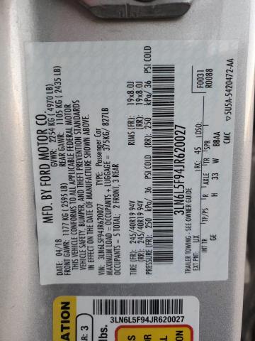 3LN6L5F94JR620027 - 2018 LINCOLN MKZ RESERVE ვერცხლისფერი ფოტო 12