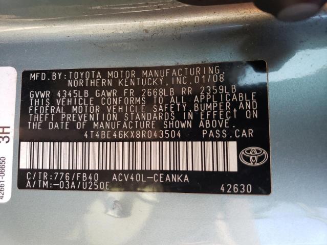 4T4BE46KX8R043504 - 2008 TOYOTA CAMRY CE TURQUOISE photo 12