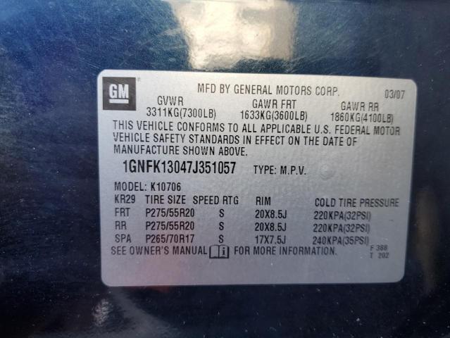 1GNFK13047J351057 - 2007 CHEVROLET TAHOE K1500 BLUE photo 12