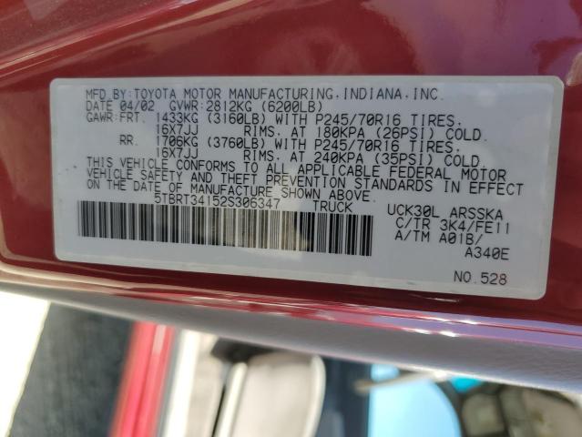 5TBRT34152S306347 - 2002 TOYOTA TUNDRA ACCESS CAB ბურგუნდია ფოტო 12