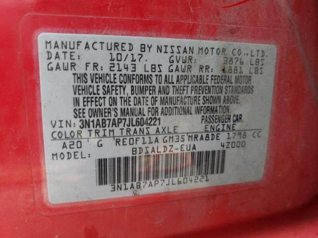 3N1AB7AP7JL604221 - 2018 NISSAN SENTRA S RED photo 12