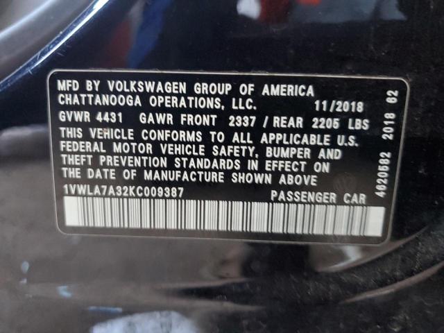 1VWLA7A32KC009387 - 2019 VOLKSWAGEN PASSAT WOLFSBURG BLACK photo 12