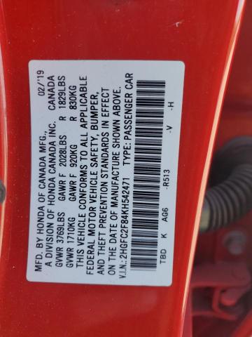 2HGFC2F84KH542471 - 2019 HONDA CIVIC SPORT 红色 照片 12