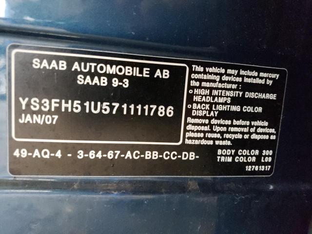 YS3FH51U571111786 - 2007 SAAB 9-3 AERO BLUE photo 12