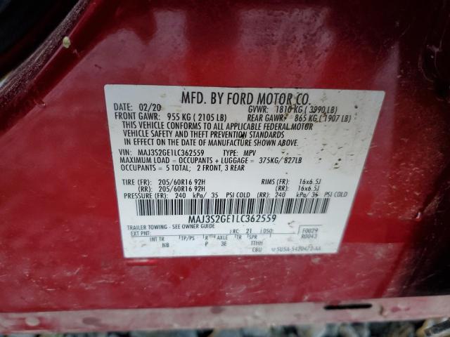 MAJ3S2GE1LC362559 - 2020 FORD ECOSPORT SE RED photo 12