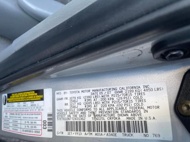 5TETX22N77Z431362 - 2007 TOYOTA TACOMA ACCESS CAB Күміс фото 10