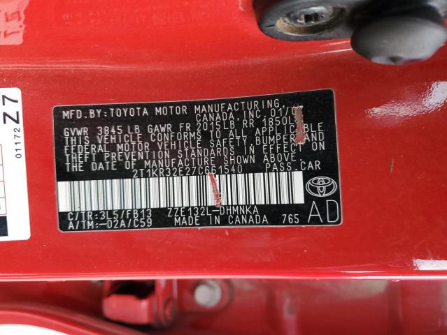 2T1KR32E27C661540 - 2007 TOYOTA COROLLA MA XR RED photo 13