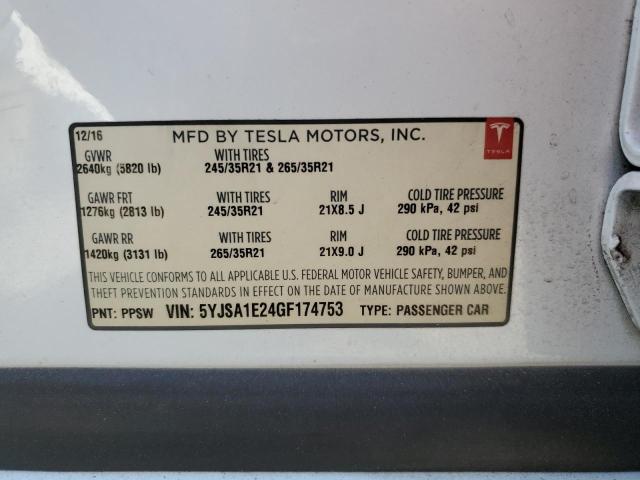 5YJSA1E24GF174753 - 2016 TESLA MODEL S Սպիտակ լուսանկար 12