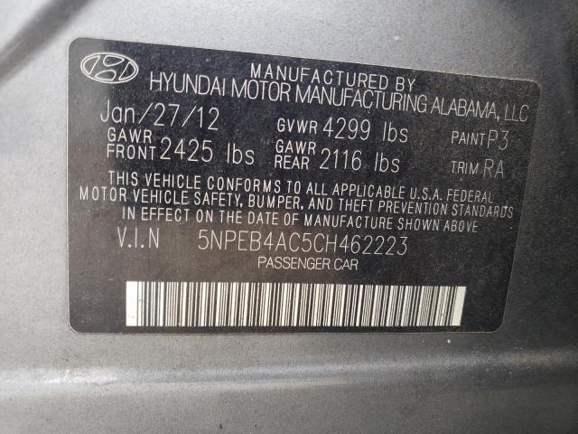 5NPEB4AC5CH462223 - 2012 HYUNDAI SONATA GLS GRAY photo 12