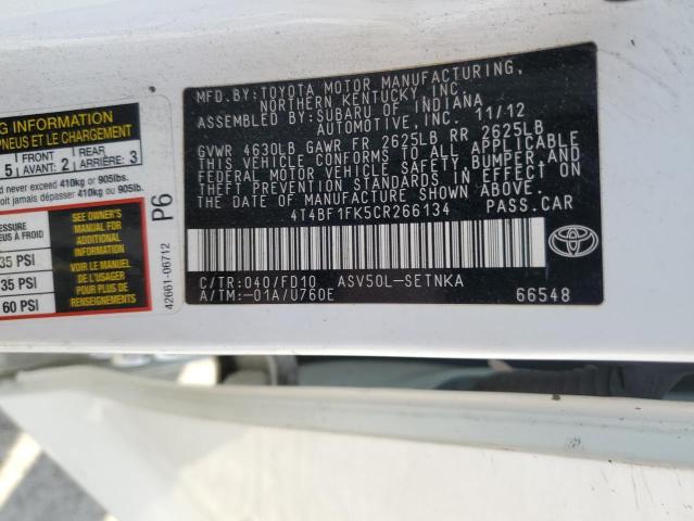 4T4BF1FK5CR266134 - 2012 TOYOTA CAMRY 4D 2 BASE WHITE photo 12