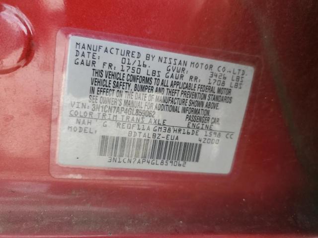 3N1CN7AP4GL859062 - 2016 NISSAN VERSA S RED photo 13